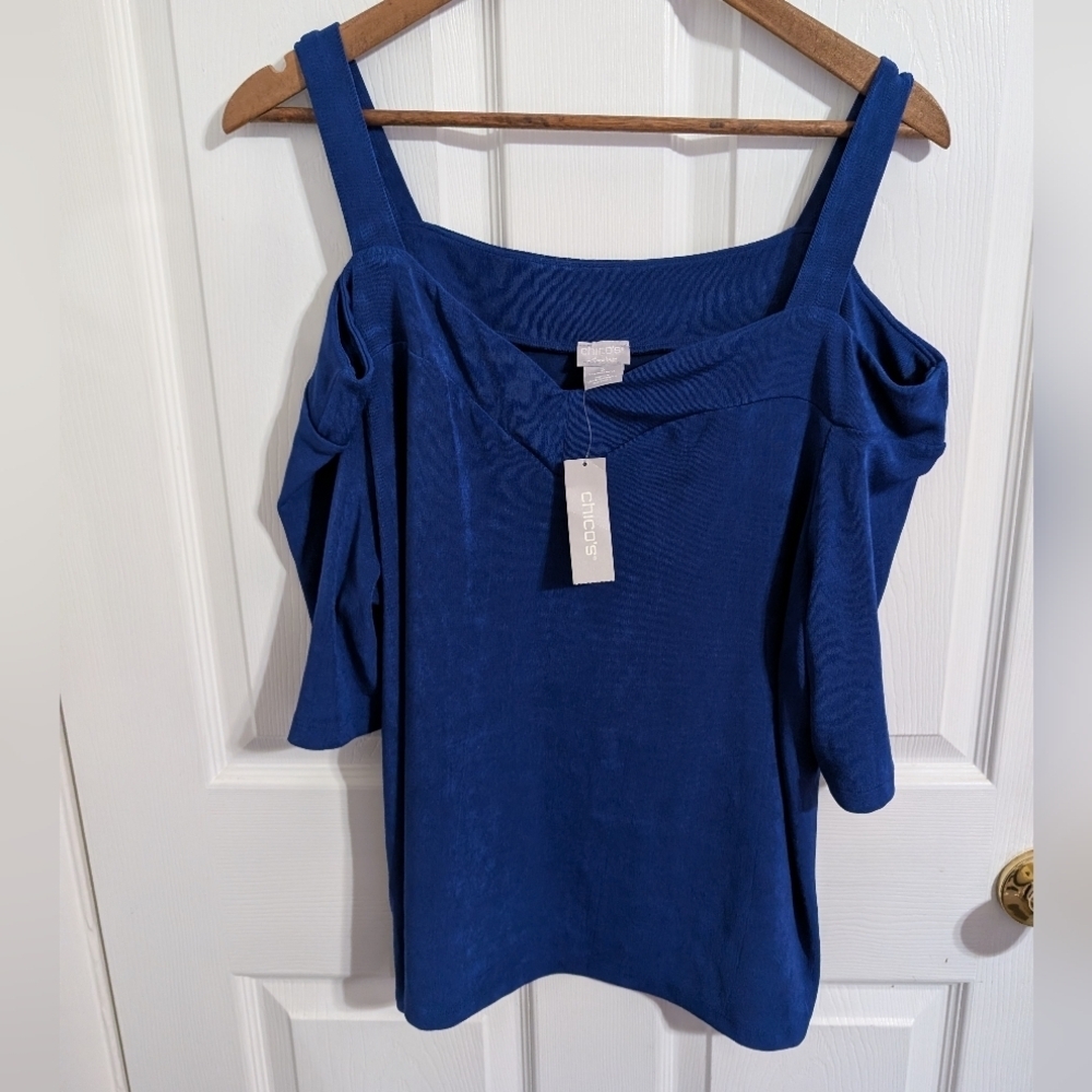 New Chicos Travelers Womens Top Blue Slinky Short Sleeve Size 3 US 16/18 XL
